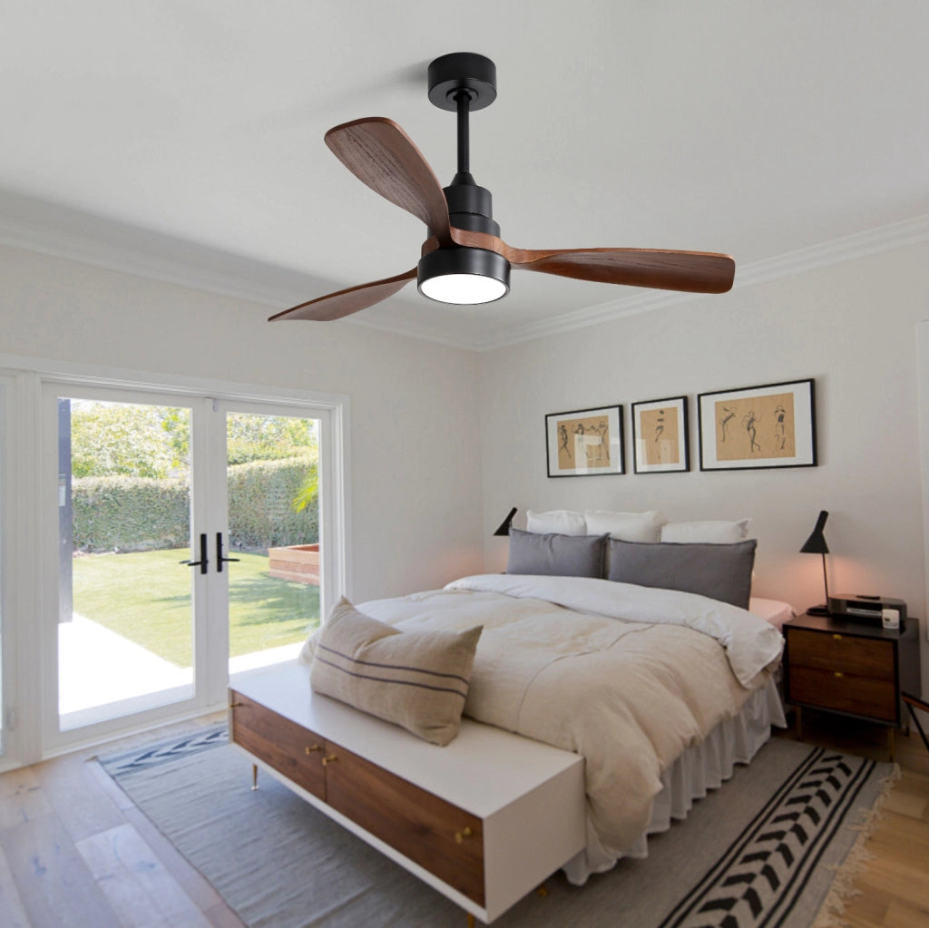 Ventilatore da soffitto nero con luce LED 18 W, motore DC reversibile e telecomando