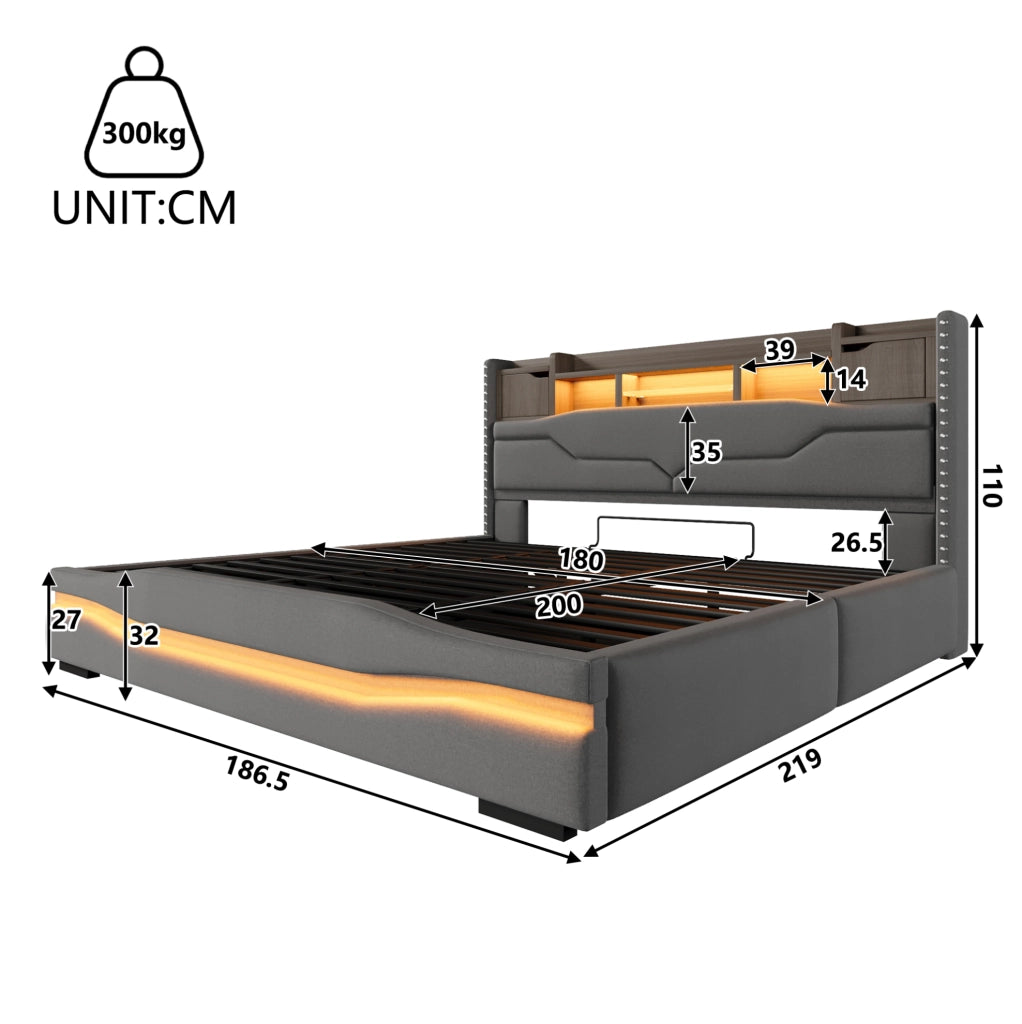 Letto matrimoniale contenitore 180x200 cm in lino grigio con LED e ricarica USB-C HOMVRA