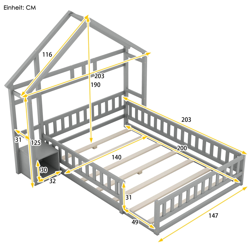 Letto a Casetta 140x200 cm in legno di pino con Sponde di Sicurezza Grigio