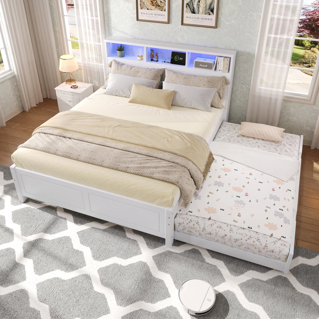 Letto matrimoniale con letto estraibile, testiera con presa di ricarica, luci LED e contenitore, bianco, 214x128,5x91,5 cm