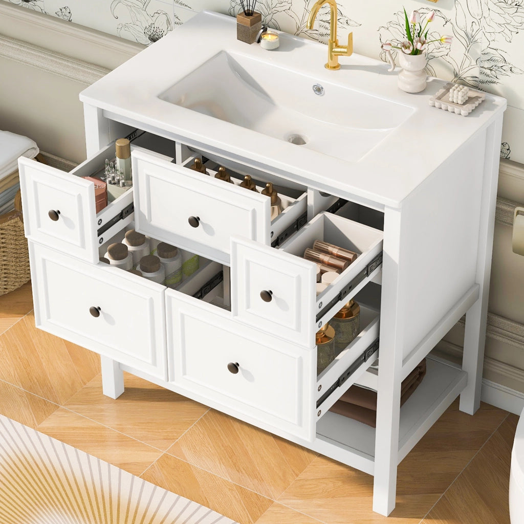 Mobiletto con lavabo a terra in ceramica e MDF con 5 cassetti vani aperti e troppo pieno bianco 76 × 46.5 × 82 cm