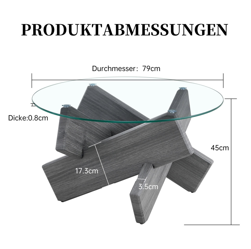 Tavolino rotondo in MDF e vetro temperato grigio, diametro 79 cm, gambe a croce