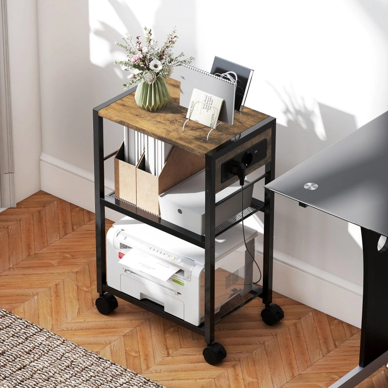 Supporto per stampante a 3 ripiani con prese USB e USB-C su ruote bloccabili marrone rustico 42 × 28 × 64.5 cm