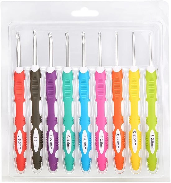 Set di Aghi da Maglia 9 Pezzi - Aghi da Maglia Ergonomici - Manico Lungo e Dolce - Dimensioni B-J 2,0 mm-6,0 mm - Ideali per Mani con Artrite - Materiale Silicona/ABS - Aghi da Maglia a Bussola