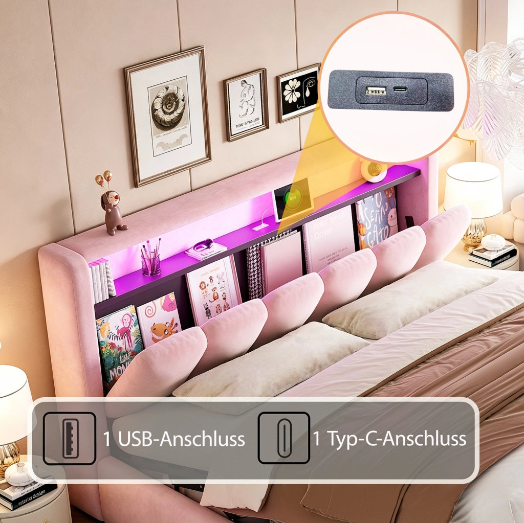 Letto matrimoniale imbottito 180x200 cm con contenitore, LED, USB e Type-C, rosa