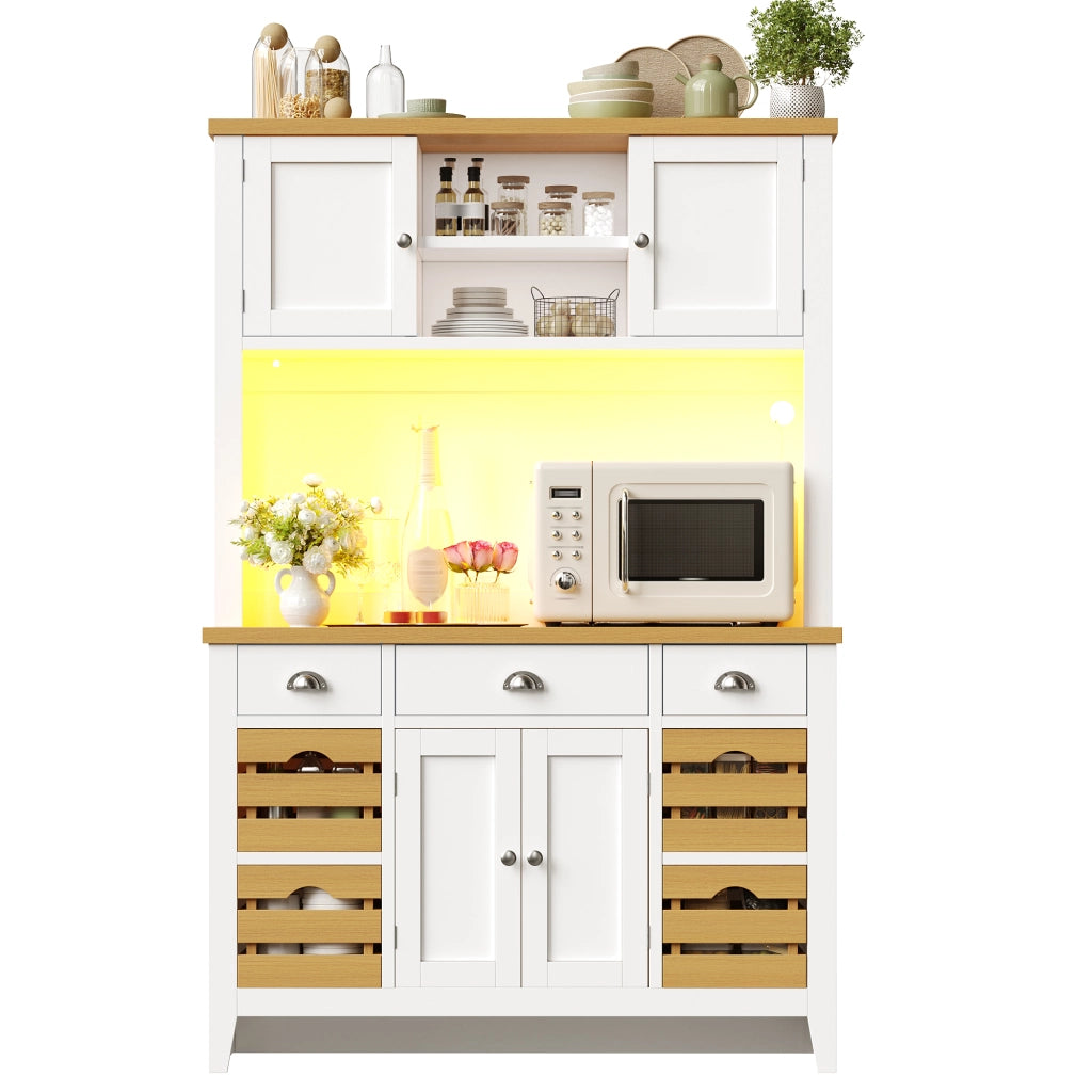 Credenza da cucina alta con ripiani regolabili e 4 cestelli, LED multicolore, in MDF bianco, 120 × 40 × 188 cm