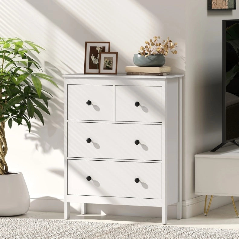 Cassettiera ULEVR 74x35x97 cm con 4 cassetti e guide a sfere, bianca con maniglie nere