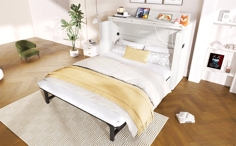 Letto a scomparsa 140 × 200 cm con cassetto; ripiano trasformabile; porte USB e Type-C; lino beige