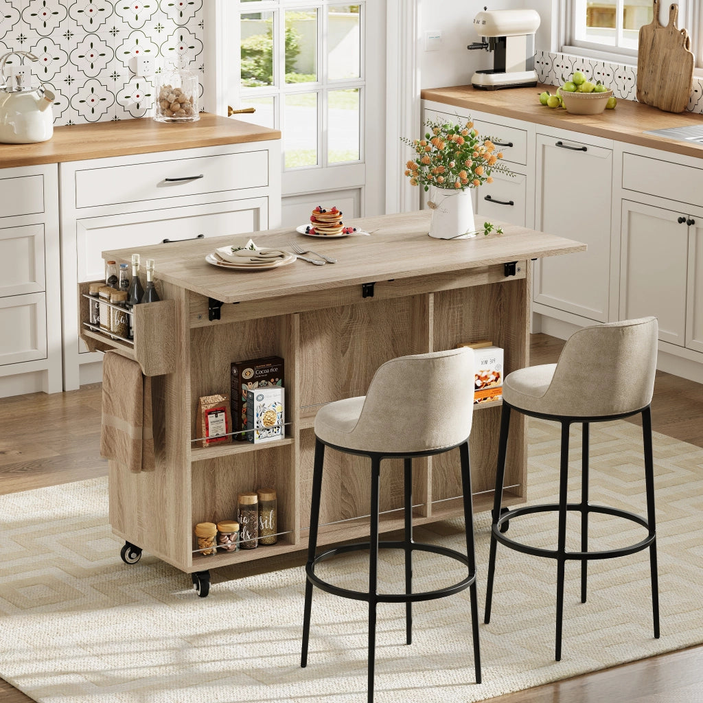 Carrello da cucina con piano pieghevole, 1 cassetto, 2 armadietti, ripiani regolabili e ruote con freno, MDF naturale