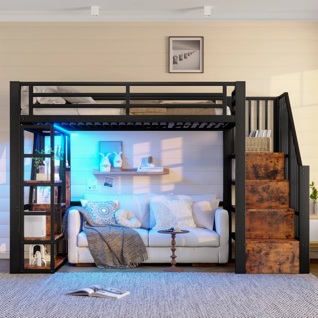 Letto a soppalco per bambini 90x200 cm con LED; ripiani e gradini contenitore; metallo e MDF nero