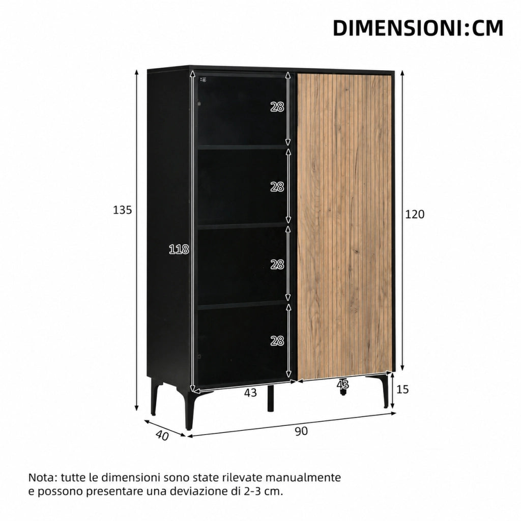 Vetrina da soggiorno con anta in vetro 90 x 40 x 135 cm, 2 ante e 8 vani, MDF e vetro, nero effetto legno