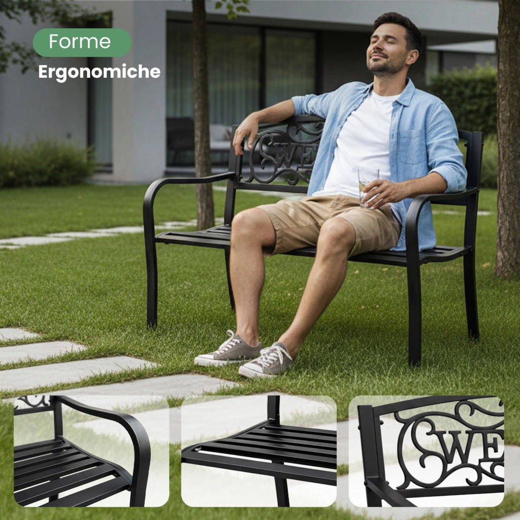 Panchina da giardino nera IRYS con gambe in acciaio e schienale in ghisa larghezza 127 cm