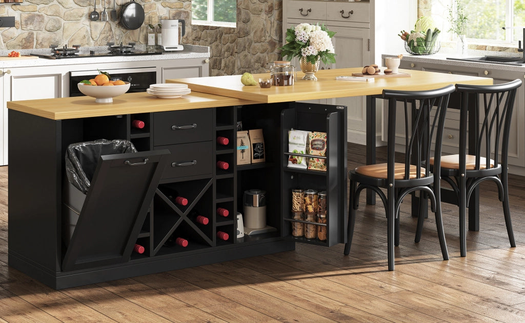 Isola cucina girevole 360° con spazio contenitivo, porta bottiglie estraibile e supporto per bidone 120–223 cm, bianco o nero