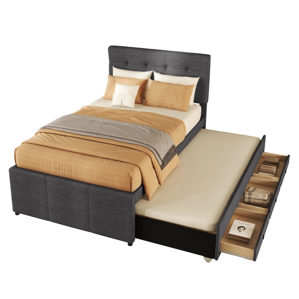 Letto singolo imbottito estraibile con tre cassetti testiera regolabile in lino grigio
