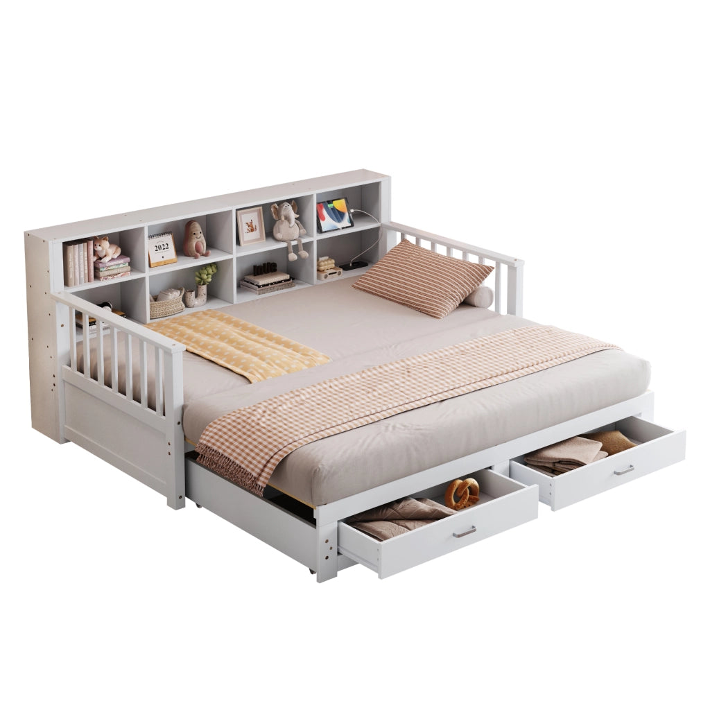 Letto divano estraibile 90×190 e 180×190 cm con 2 cassetti, mensole e presa, senza materasso, bianco in legno