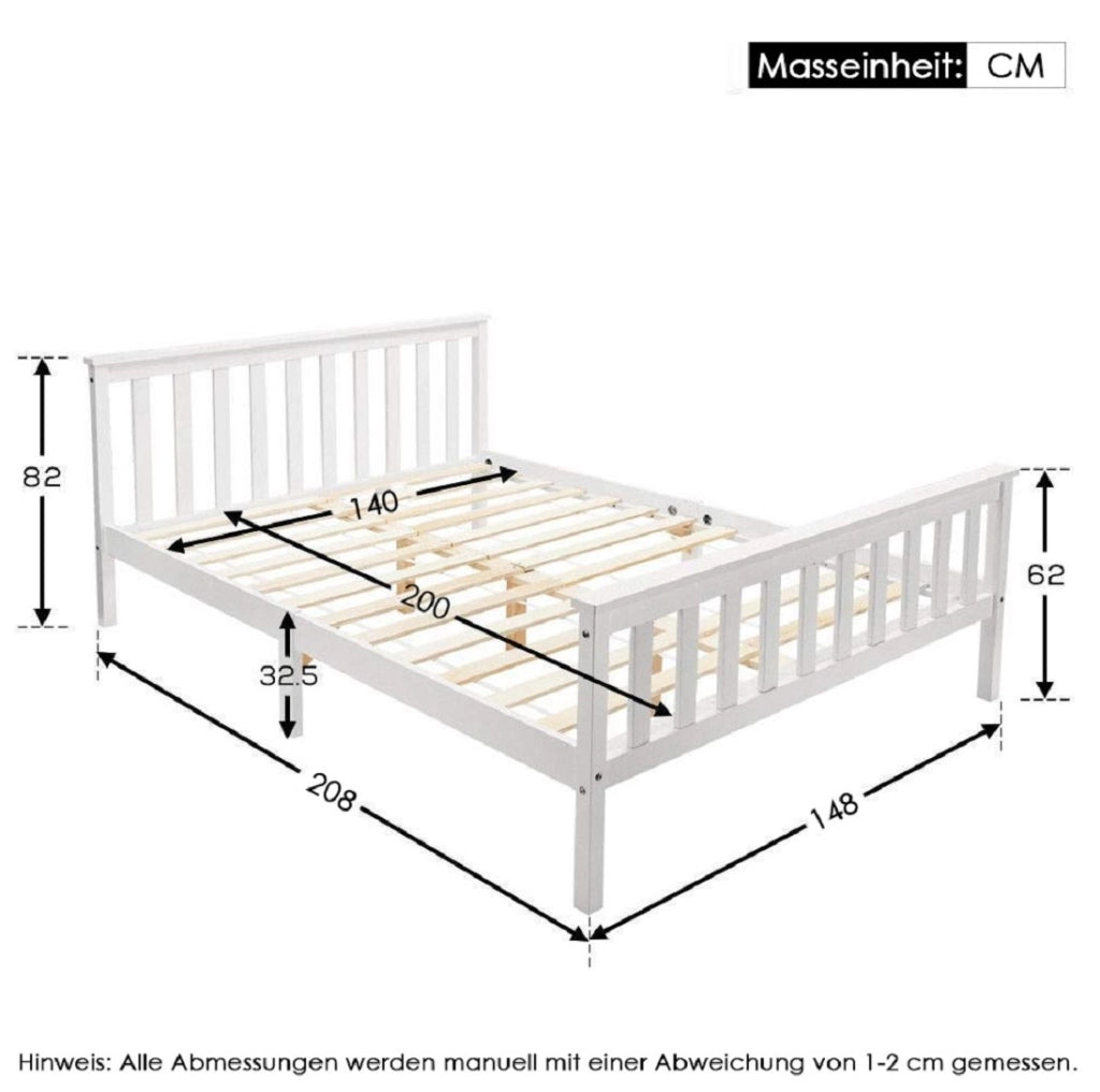 Letto matrimoniale in legno massiccio di pino 140x200 cm con rete a doghe, bianco
