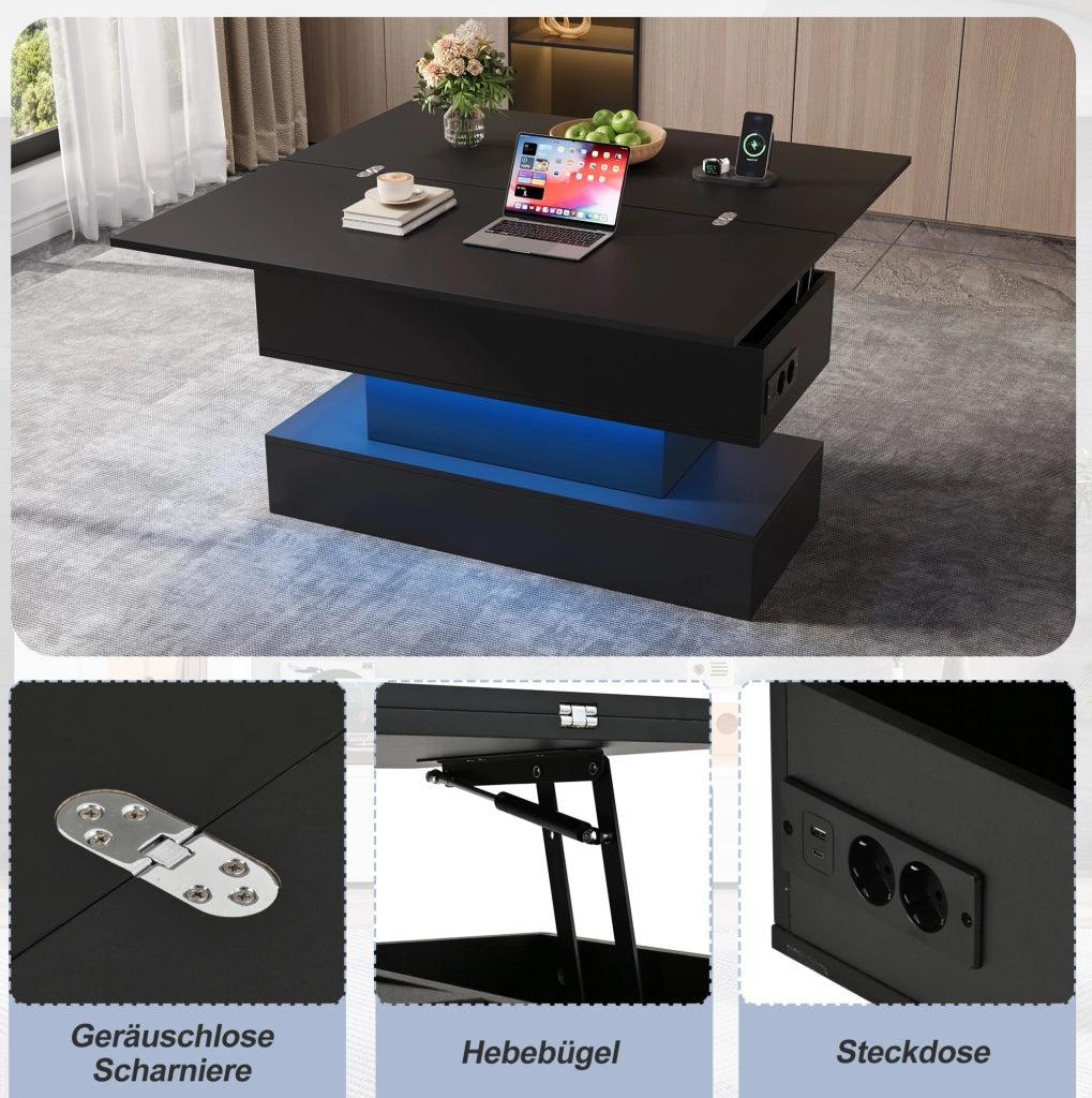 Tavolino da salotto sollevabile 100x50x51;5 cm con LED; presa integrata e spazio contenitore; nero