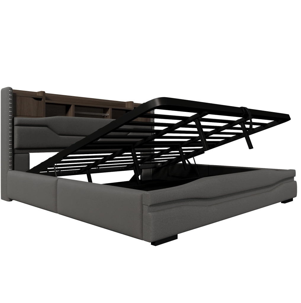 Letto imbottito 180x200 cm con contenitore idraulico, LED e USB-C in lino grigio