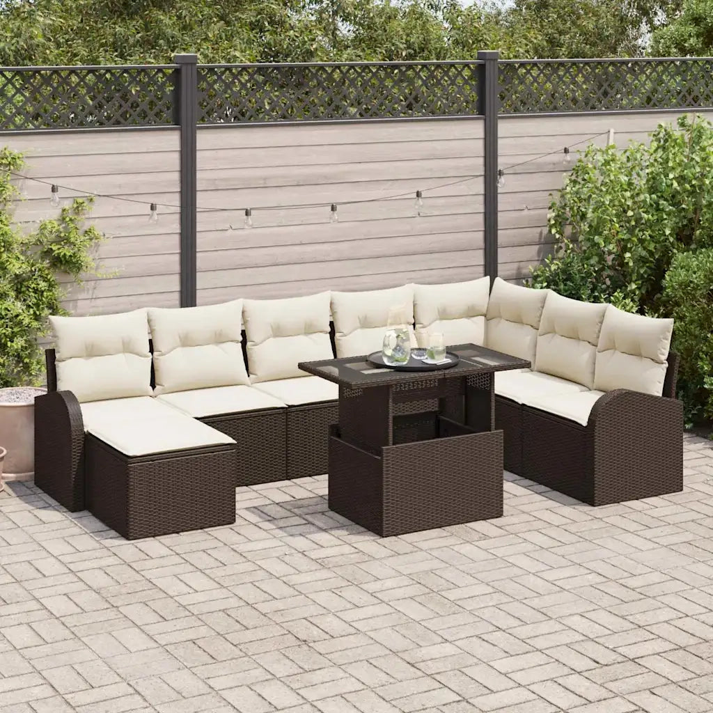 Set Divano da Giardino con cuscino 9 pcs Marrone e crema