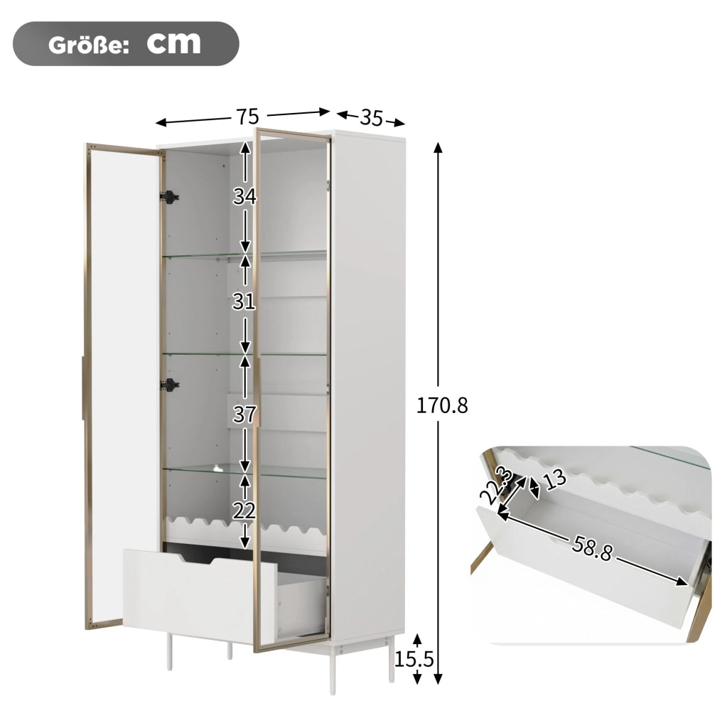 Armadio alto con anta in vetro, ripiani regolabili in altezza, cassetto ampio e piedi in metallo, decorazione a onda, adatto per soggiorno, camera da letto e corridoio