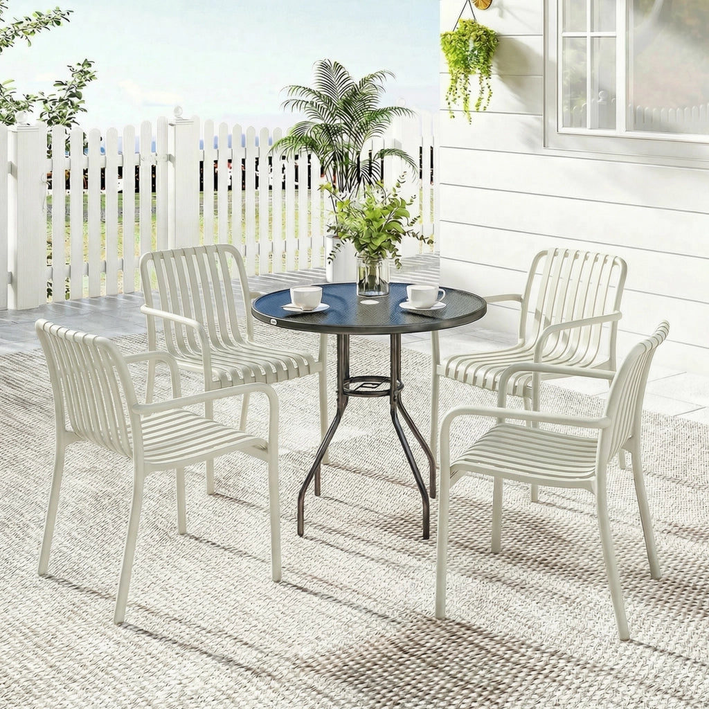 Set 4 Sedie da Giardino Impilabili ¨C Xylo ¨C Design a Lamelle con Braccioli Ergonomico Bianco Crema