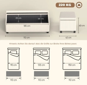 Panca con contenitore in tessuto a coste beige 112x42x40 cm con struttura in acciaio, seduta imbottita per soggiorno e camera