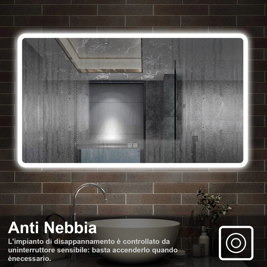 specchio rettangolare 100 x 60 cm con luce led a 3 colori, antiappannamento e touch, bluetooth