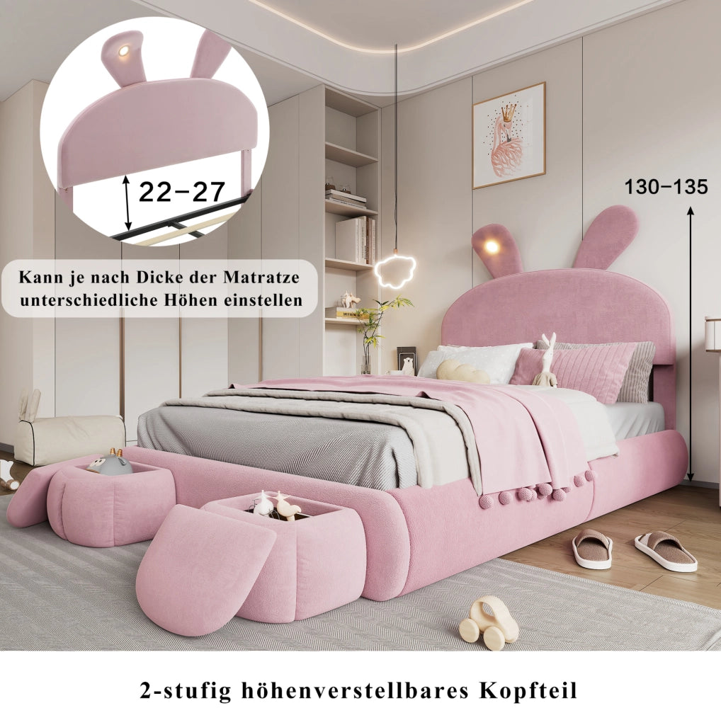 Letto imbottito con testiera a forma di coniglio, luce LED e contenitore idraulico