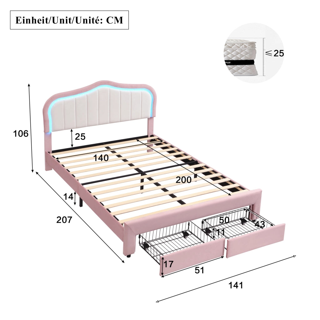 Letto imbottito rosa 140x200 cm in velluto con 2 cassetti e LED controllati tramite app per cameretta