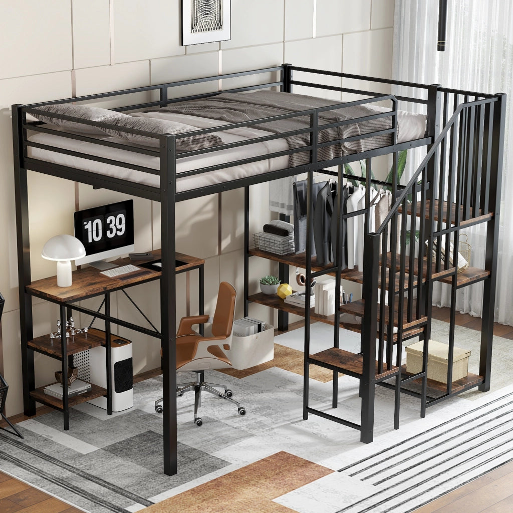OKWISH Letto a soppalco 120×200 cm, Letto Singolo con Scala ad Angolo, Scrivania, Mensole e Armadio Aperto, senza Materasso, Nero