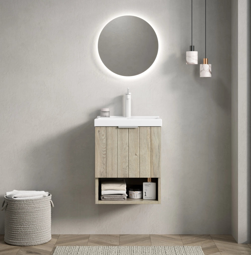 Mobile bagno 42 cm con lavabo in ceramica bianca, armadietto a doppia anta e ripiano aperto finitura rovere crema