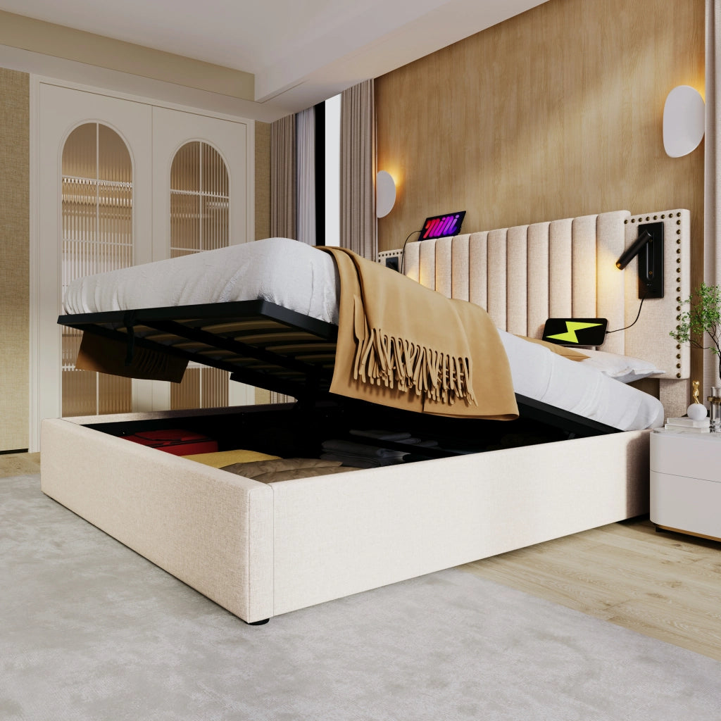 Letto matrimoniale 160 ¡Á 200 cm con contenitore testiera regolabile luce da lettura USB Type C cotone beige