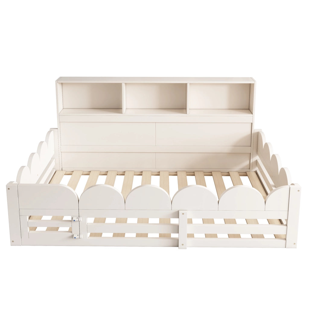 Letto per bambini 140 × 200 cm 2 posti con barriera di sicurezza; porta e mensole; senza materasso; in legno; bianco