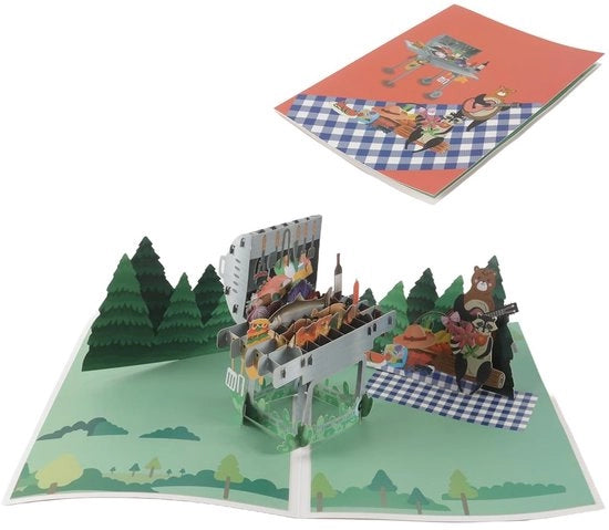 Carta di auguri 3D Pop-up BBQ - Wenscarta di compleanno/Festa del papà - Carta di auguri senza testo - Set di cartoline di auguri - Personaggi di animali umoristici - Inclusa busta.