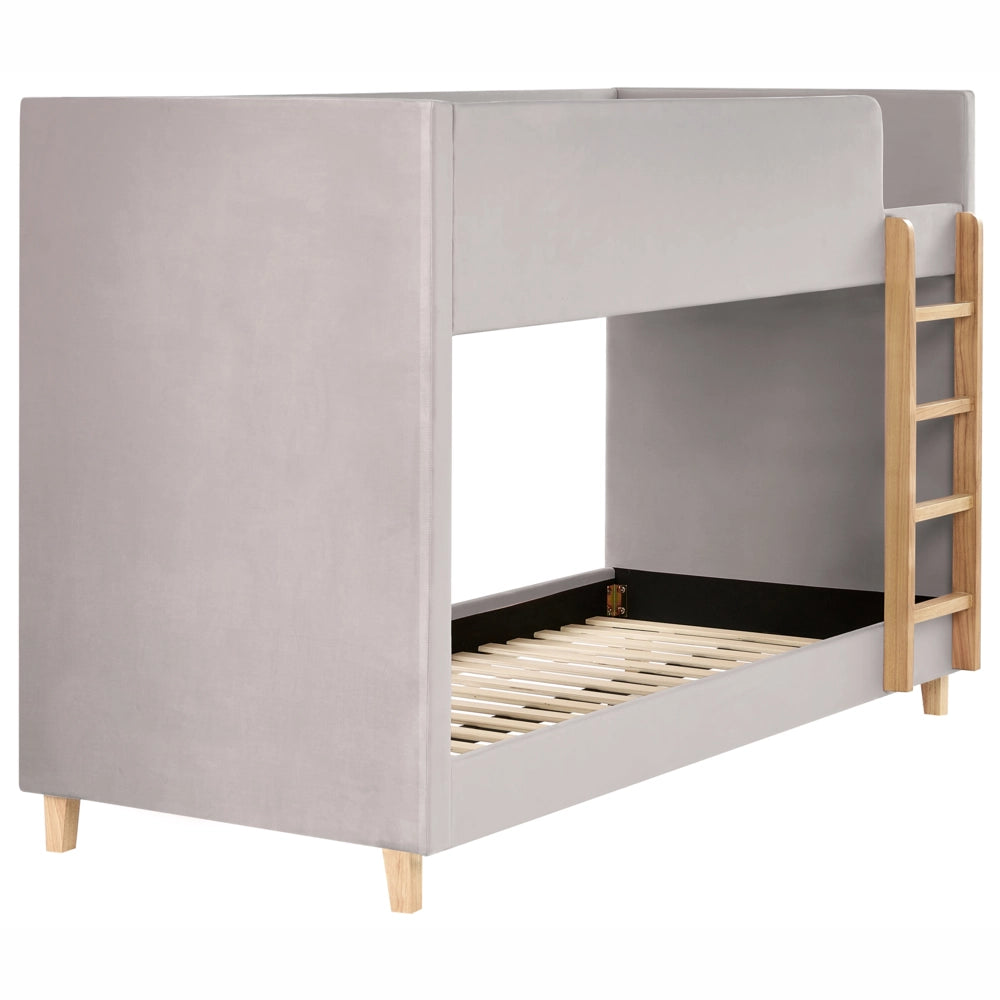 Letto a castello 3 piedi per bambini alto imbottito in velluto e scaletta in in legno di pioppo grigio chiaro 90x200 cm cameretta