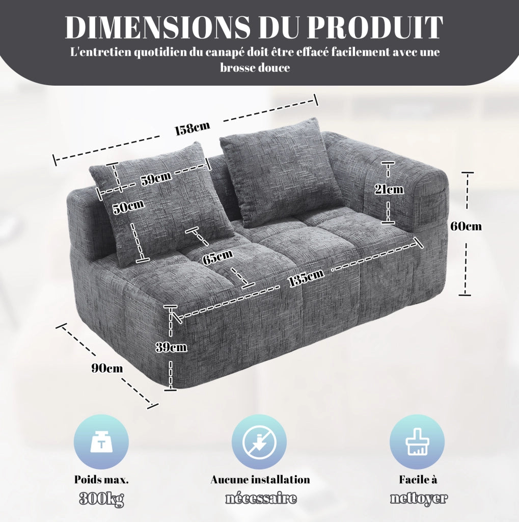 Divano per 2 persone con chaise lounge, tessuto chenille grigio, cuscino incluso e tasche laterali