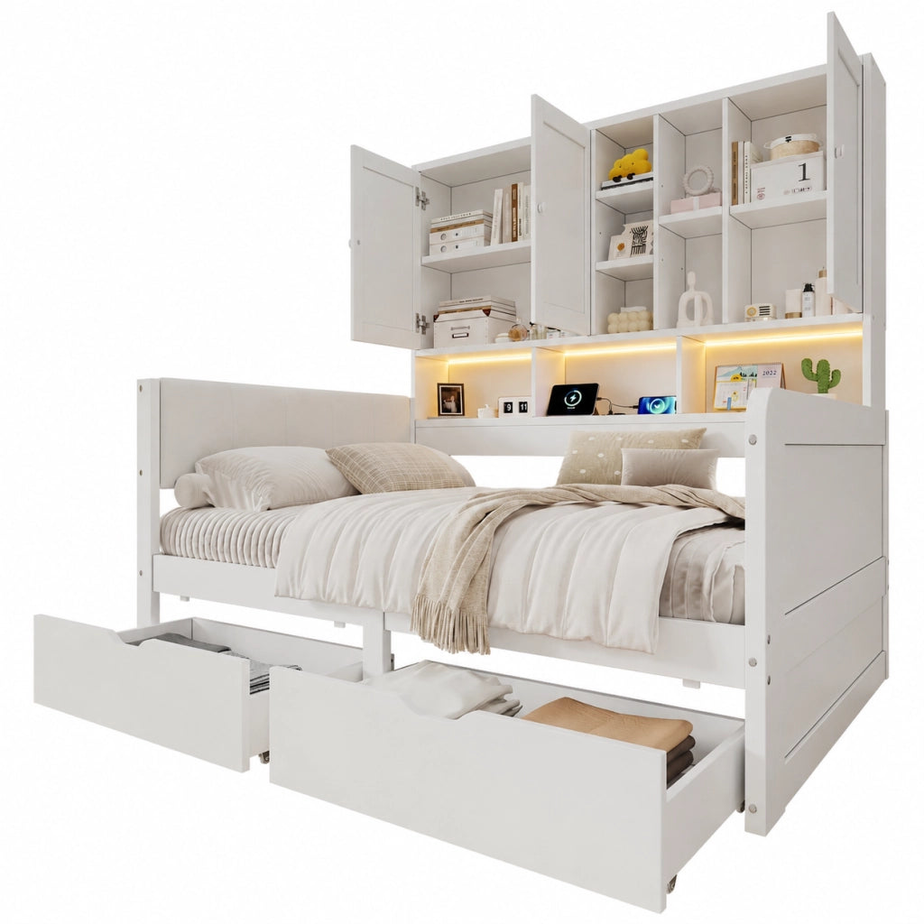 Letto singolo 90 × 200 cm con LED USB e USB-C cassetti ripiani testiera imbottita in PU MDF bianco