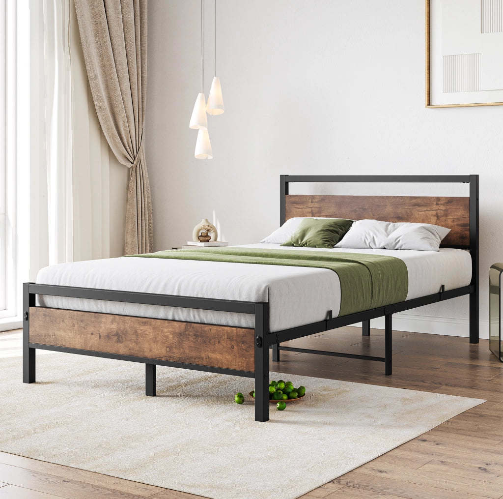 Letto in metallo e MDF con rete a doghe, contenitore sottoletto e testiera