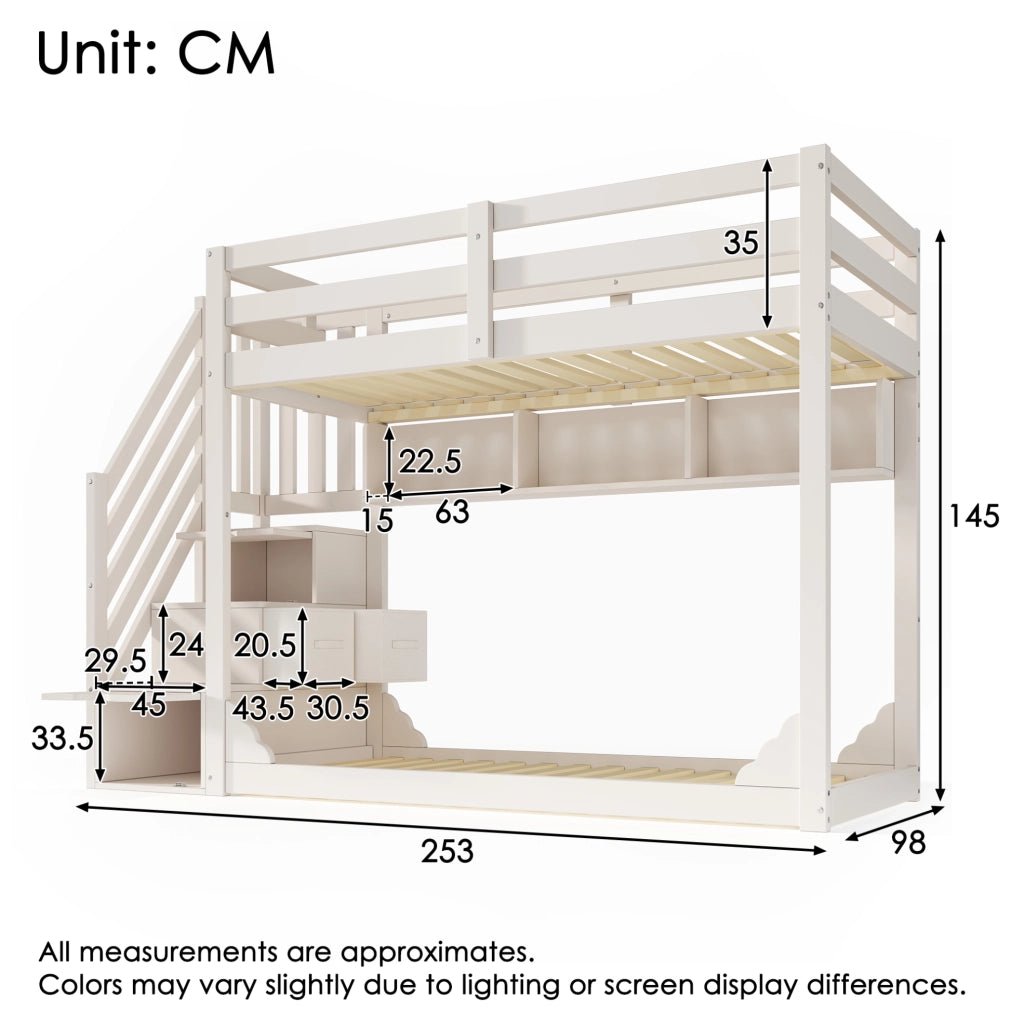 Letto a castello in legno bianco 90x200 cm per bambini con scala armadio e spazio contenitore, senza materasso