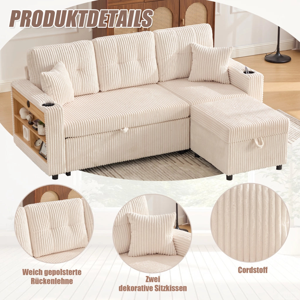 Divano letto estraibile in velluto a coste beige con vano contenitore USB-C e LED 196 × 82–144 × 85 cm
