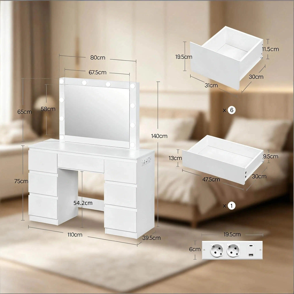 Toeletta con specchio LED dimmerabile, 7 cassetti e prese integrate in legno, bianca, 110 × 39,5 × 140,5 cm
