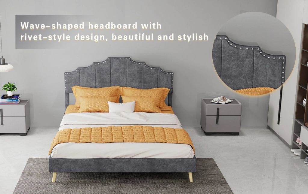 Letto moderno minimalista 140x200 cm con testiera imbottita in tessuto grigio, struttura bassa multifunzionale con materasso incluso