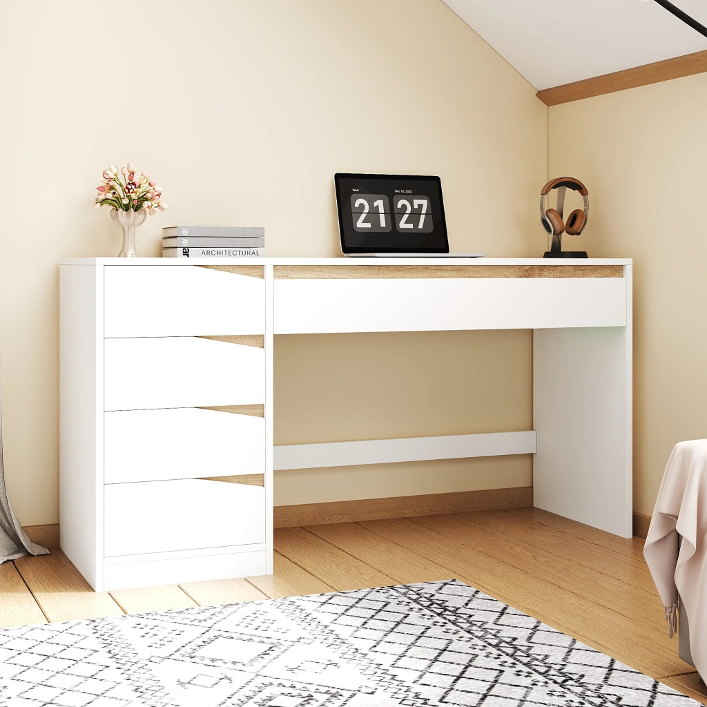 Scrivania 140 x 50 cm bianca effetto rovere con 5 cassetti in pannello truciolare per ufficio domestico