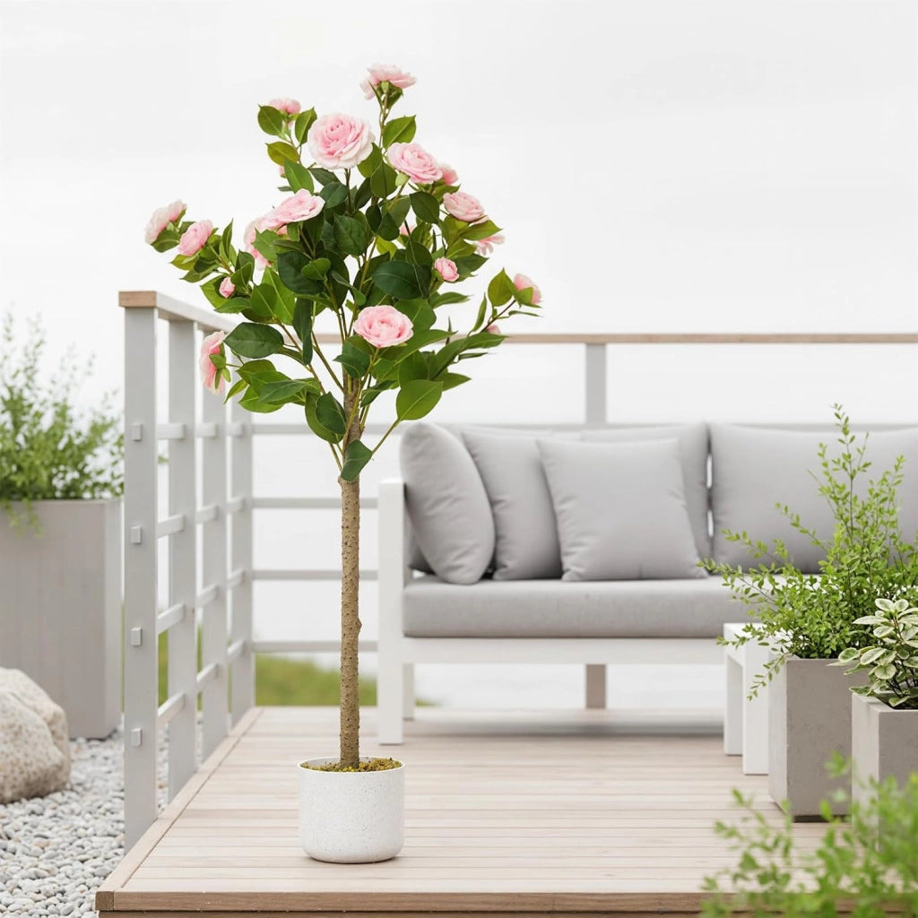 Set 2 Piante di Camelia Artificiale 110 cm con Fiori Sbocciati e Vaso da Ingresso