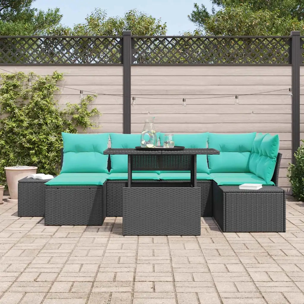 Set Divano da Giardino 7 pz Nero e Turchese polyrattan 3357959