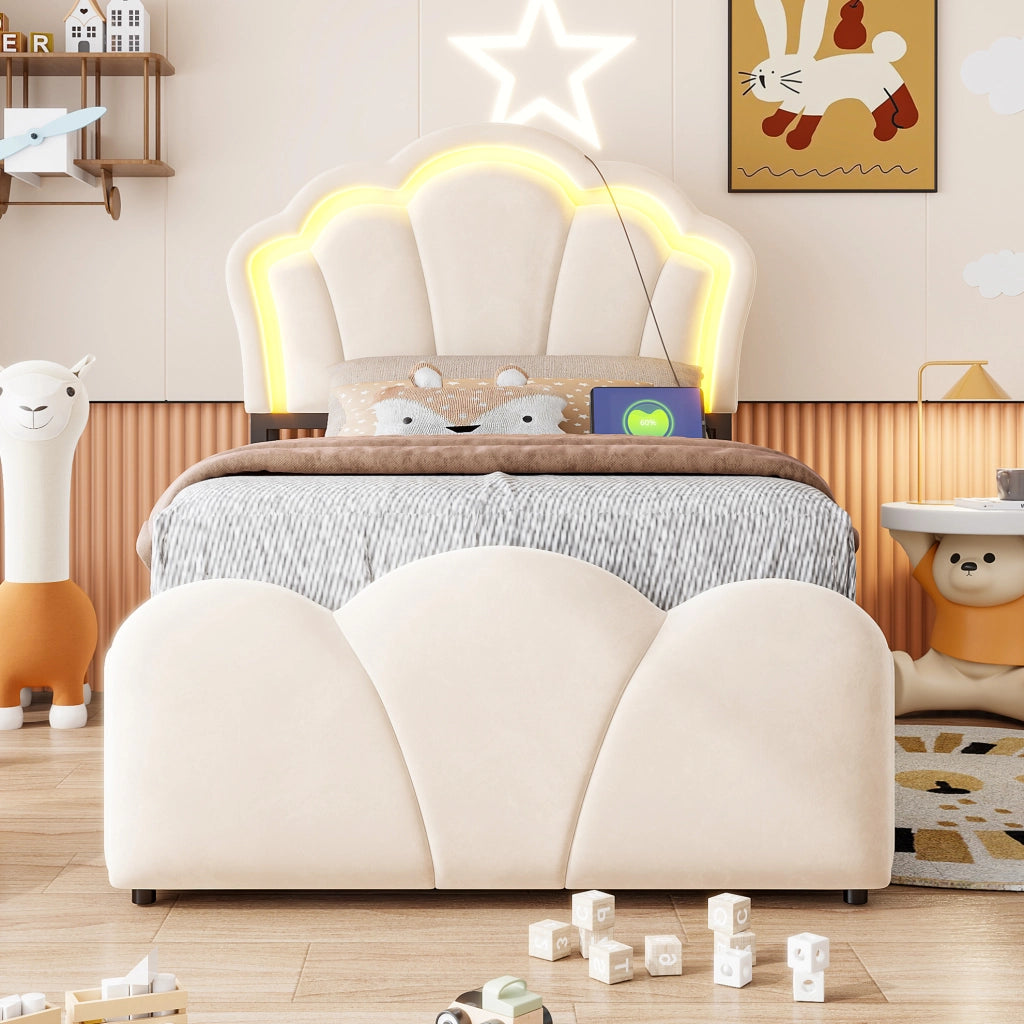 Letto imbottito 90x200 cm beige con contenitore, LED e prese
