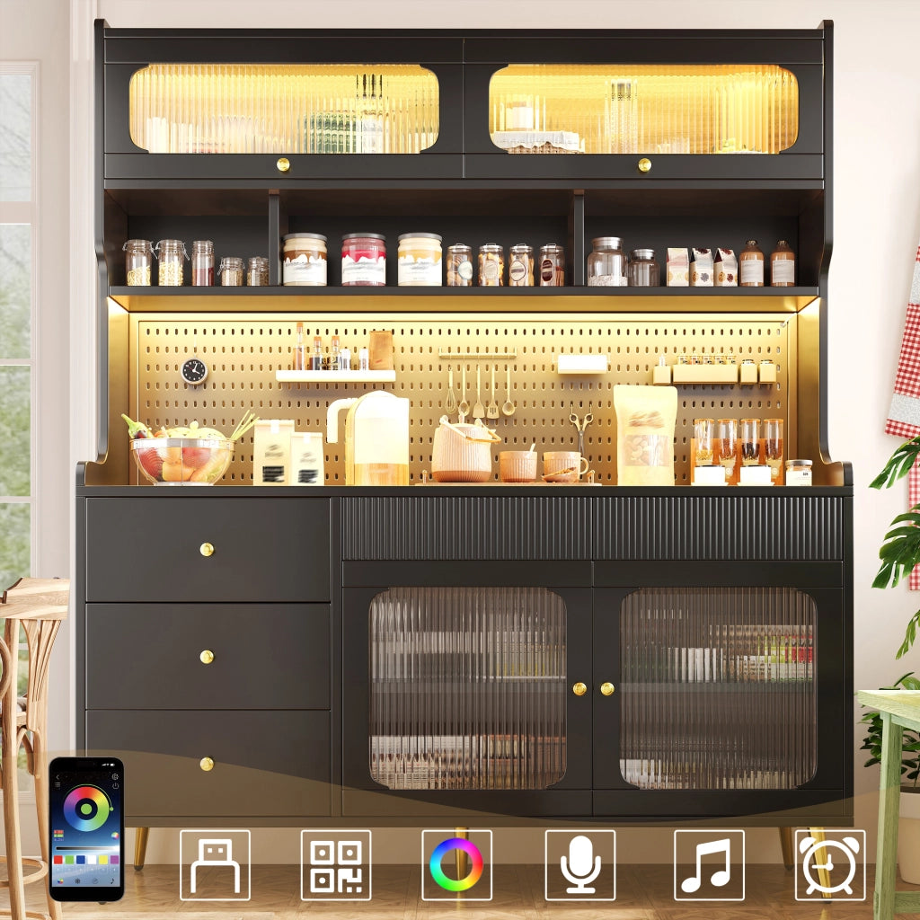 Armadio alto contenitore con anta a ribalta LED RGB e controllo app vetro scanalato nero 145 × 39 × 171 cm