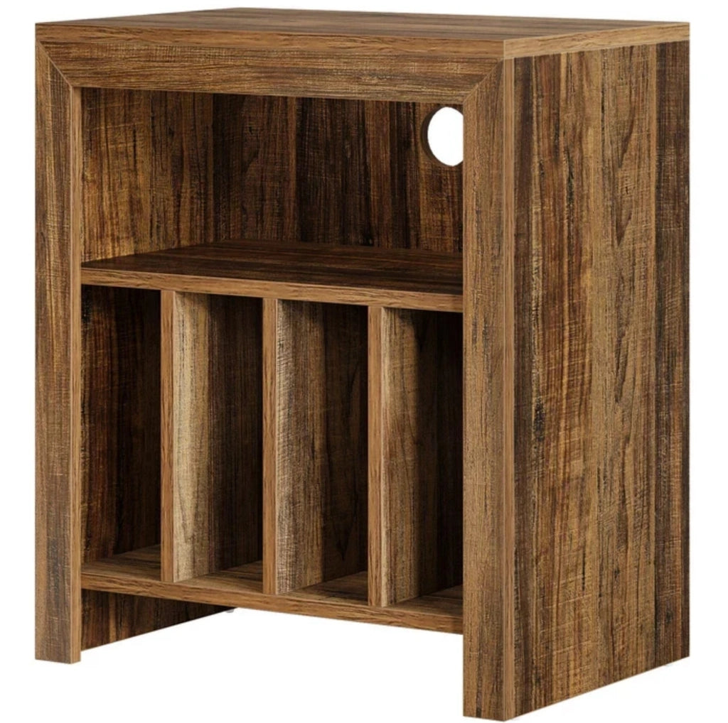 Supporto per giradischi in legno con ripiani aperti e divisori, comodino versatile per vinili e piccoli oggetti