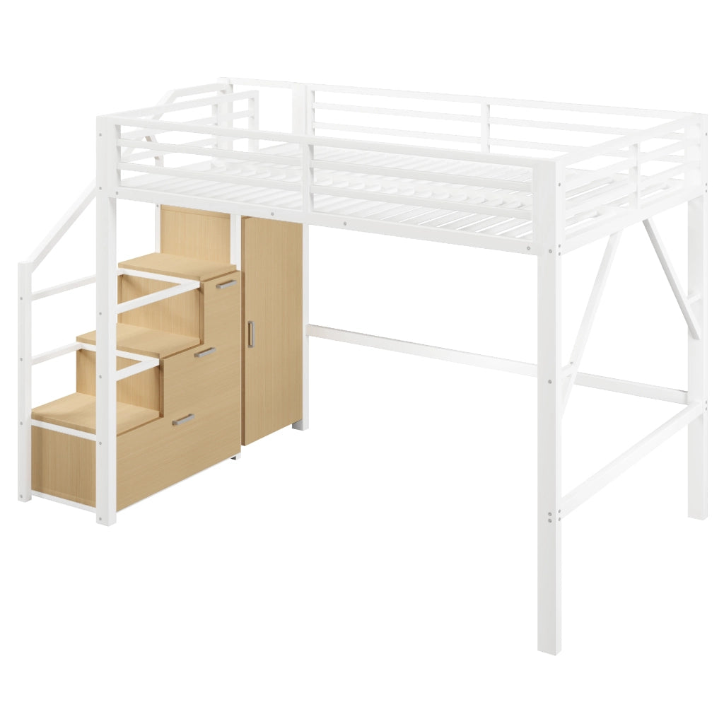 Letto a soppalco 140x200 cm in metallo bianco con armadio; contenitori e luci LED