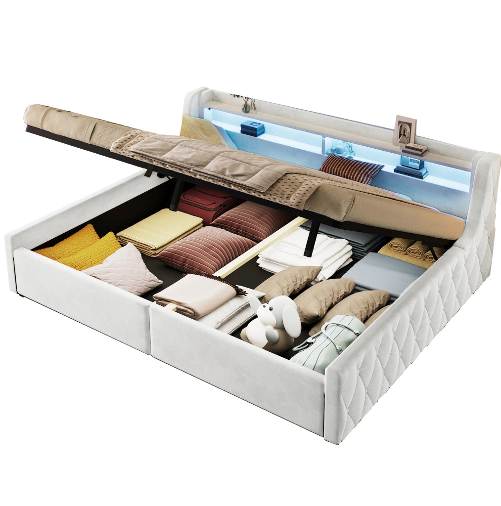 Letto imbottito 140x200 cm in flanella color bianco sporco con LED e contenitore